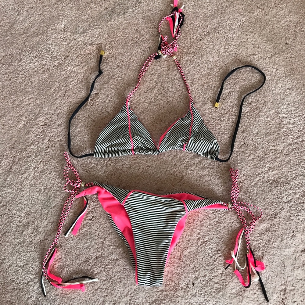 Beach Bunny Pink/Black Striped Bikini Sz L